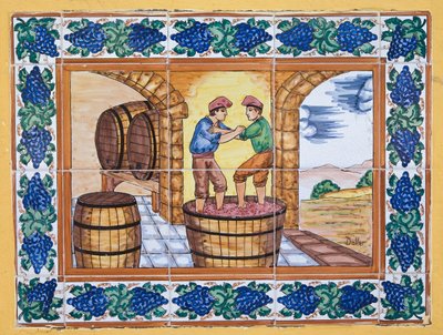 Modern Spanish Ceramic Tiles Showing Workers Treading on Grapes in Tub in Vineyard Cellar by Unknown
